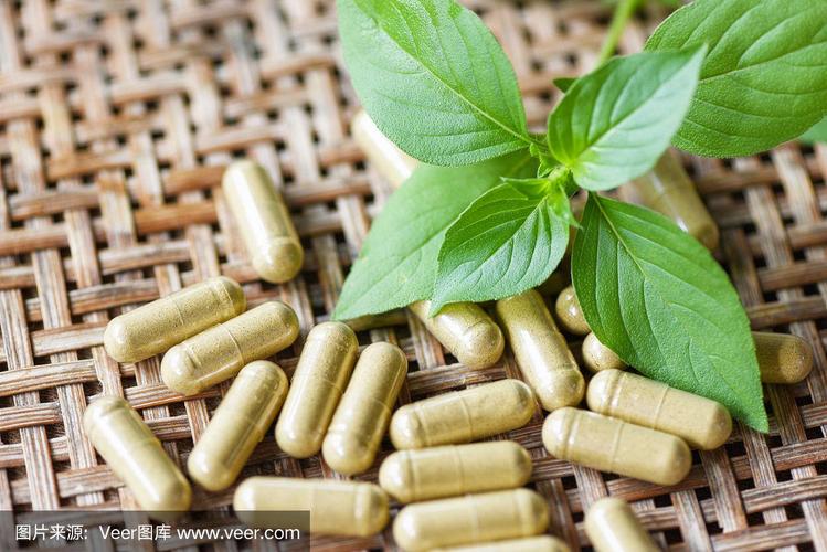 天然草药提取物无毒药物有机木勺和绿色罗勒叶